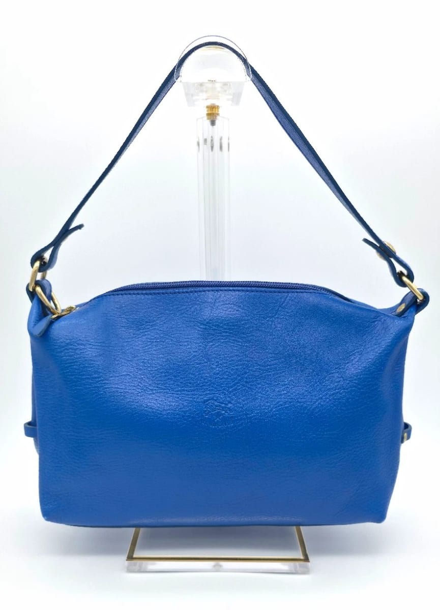 Il Bisonte Blue Pebbled Leather Zip Shoulder Bag Gold Hardware, photo 1 of 15