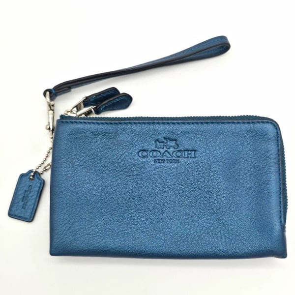 Coach Blue Leather Double Zip Wristlet Wallet, Wrist Strap