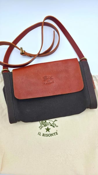 Il Bisonte Leather Canvas Zip Shoulder Bag Brown Gray + Dust Bag