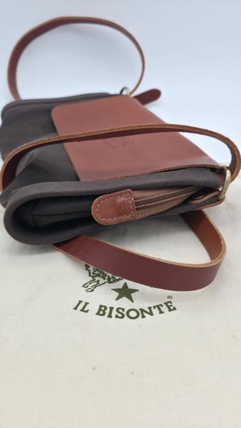 Il Bisonte Leather Canvas Zip Shoulder Bag Brown Gray + Dust Bag, photo 6 of 9